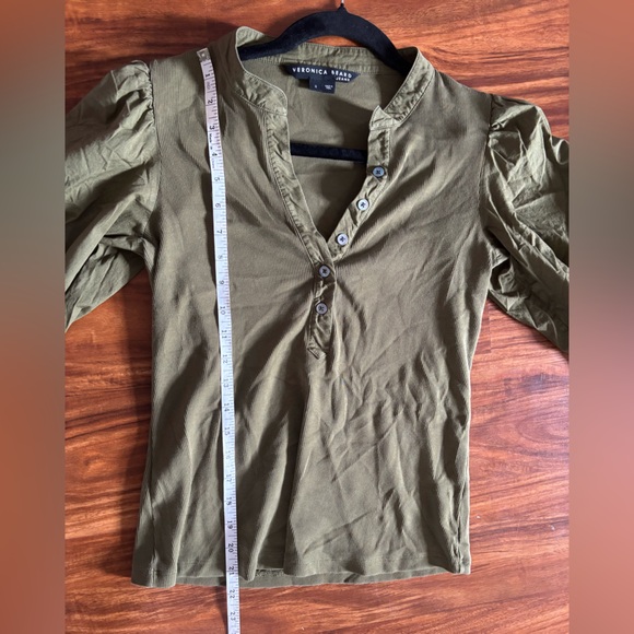 Veronica Beard Coralee Puff-Sleeve Half-Sleeve Henley Top Green stone army Small - Picture 8 of 8